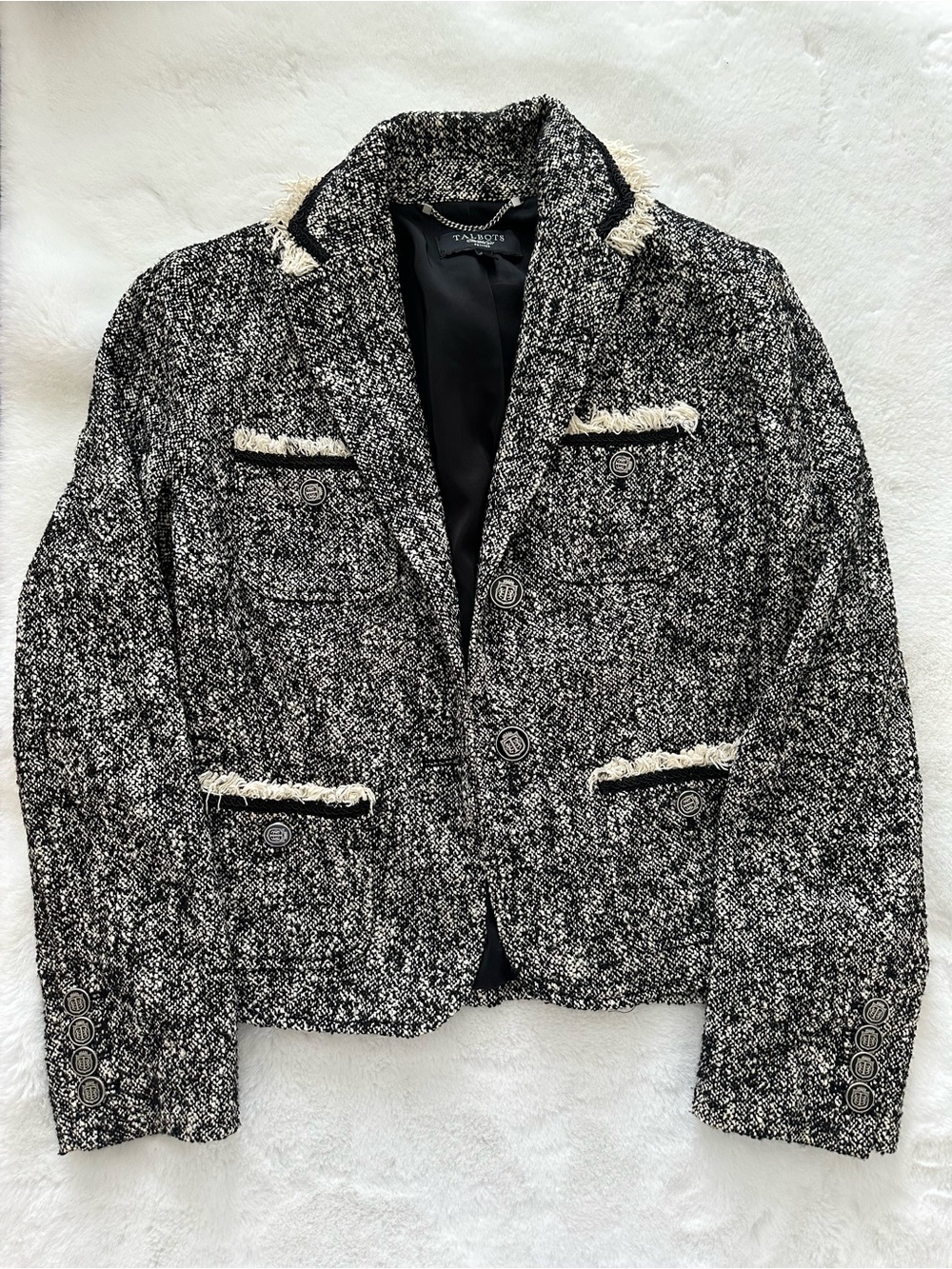 Talbots Black and White Tweed Fringe-Trim Blazer 8P
